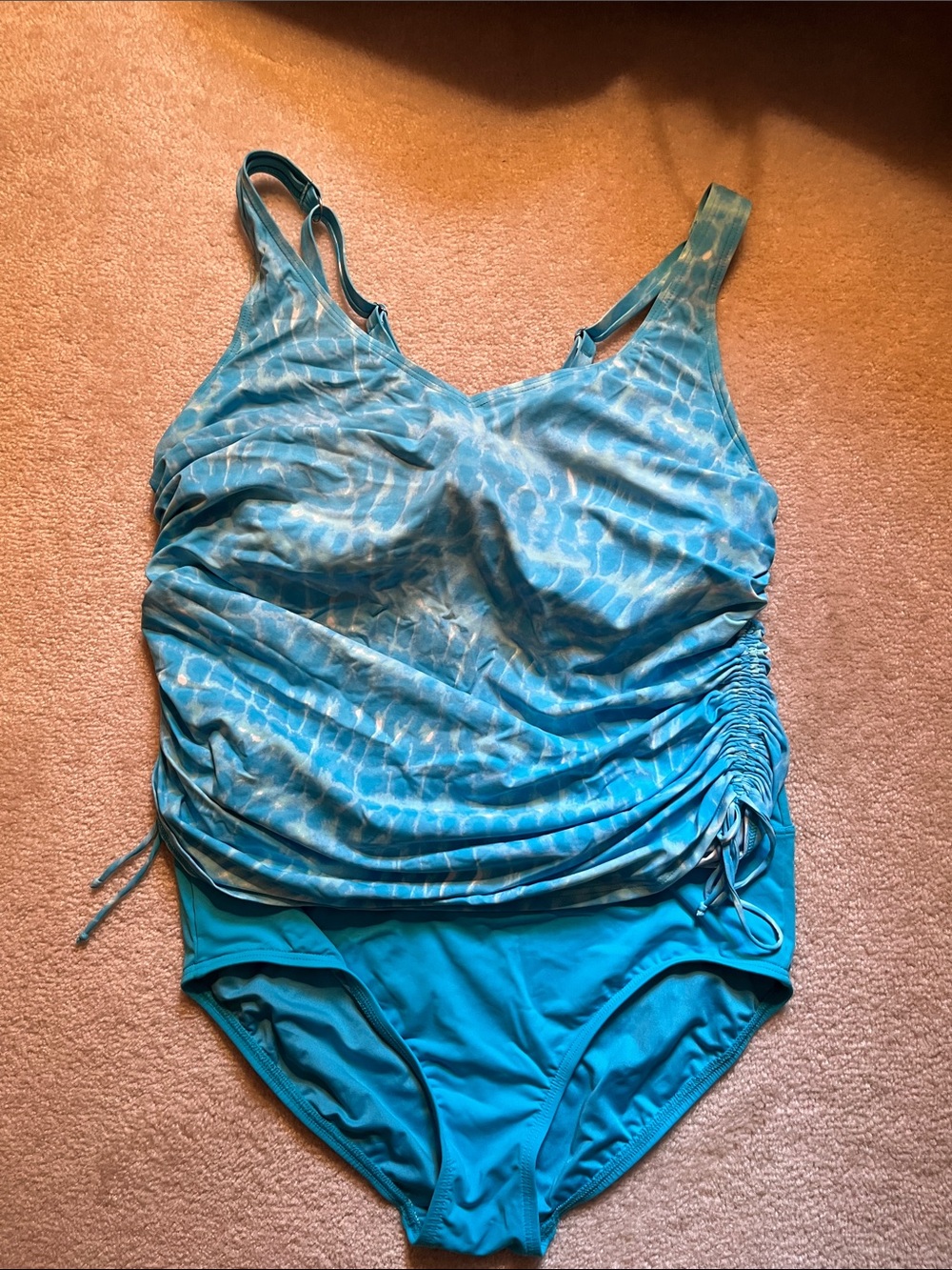 Lands' End Teal and Aqua Ruched tankini Swimsuit sz14DD